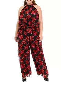 Plus Sleeveless Floral Halter Jumpsuit