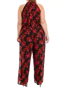 Plus Sleeveless Floral Halter Jumpsuit