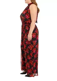 Plus Sleeveless Floral Halter Jumpsuit