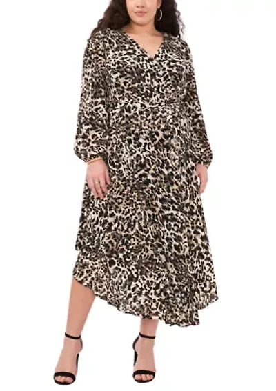 Plus Blouson Sleeve V-Neck Animal Printed Maxi Dress