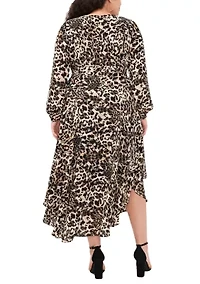 Plus Blouson Sleeve V-Neck Animal Printed Maxi Dress