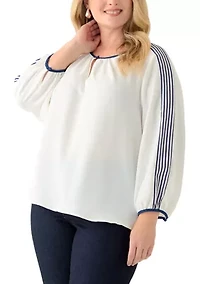Plus Long Sleeve Crew Neck Top with Shirring