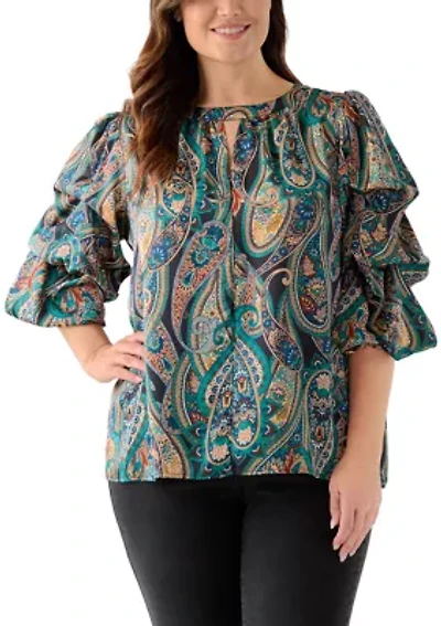 Plus Printed Keyhole Neck Bubble Sleeve Top