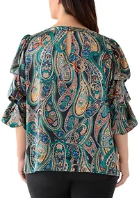 Plus Printed Keyhole Neck Bubble Sleeve Top