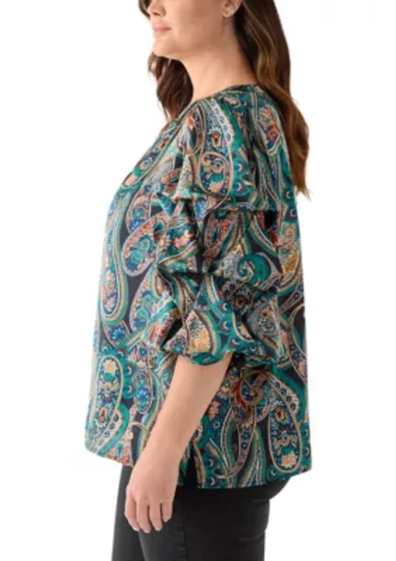 Plus Printed Keyhole Neck Bubble Sleeve Top
