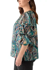 Plus Printed Keyhole Neck Bubble Sleeve Top