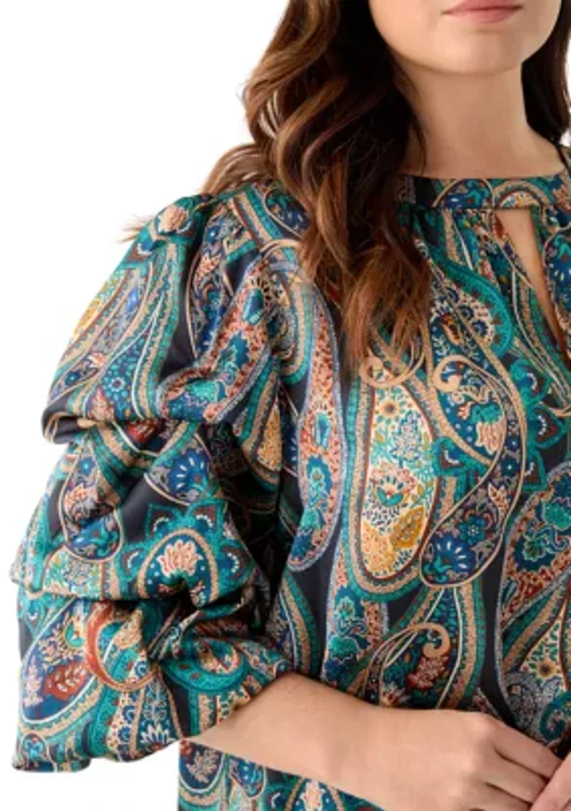 Plus Printed Keyhole Neck Bubble Sleeve Top
