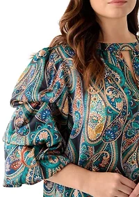 Plus Printed Keyhole Neck Bubble Sleeve Top