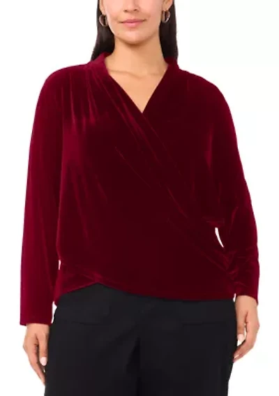 Plus Long Sleeve Wrap Front Velvet Blouse