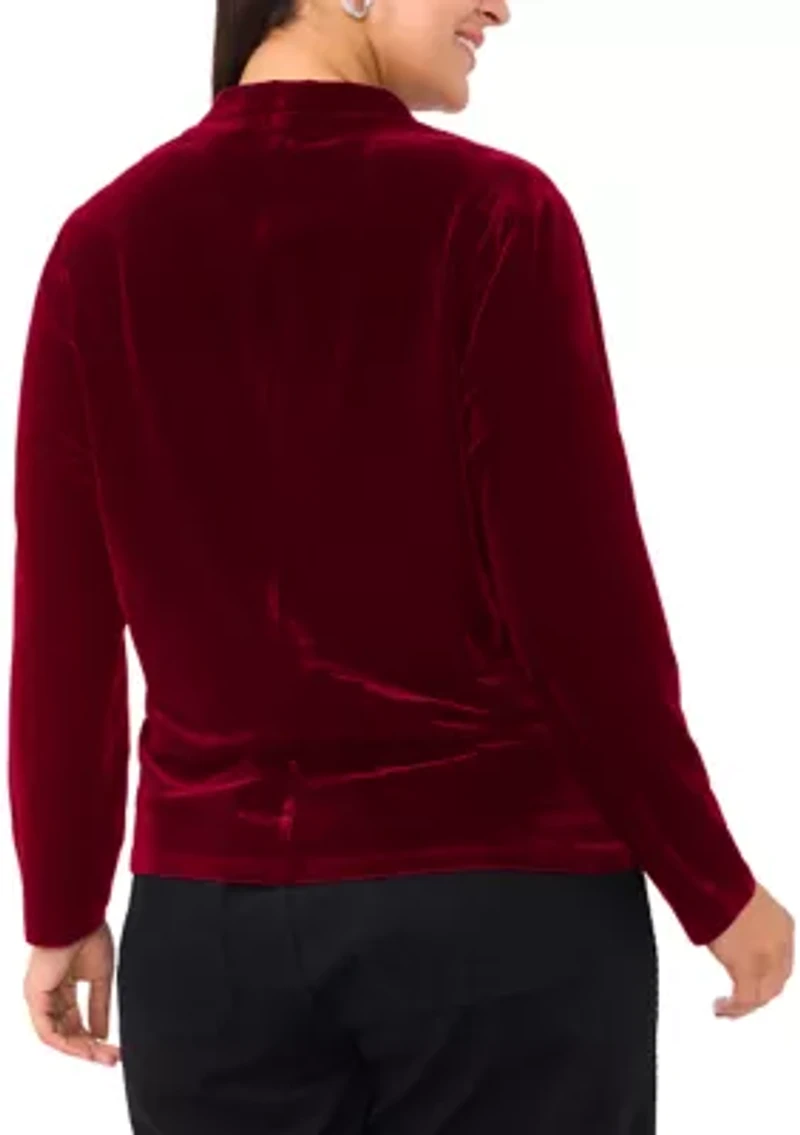 Plus Long Sleeve Wrap Front Velvet Blouse
