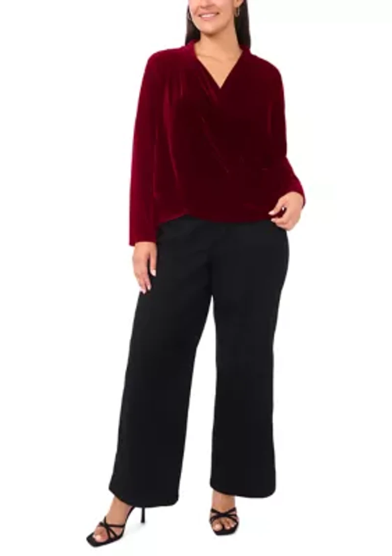 Plus Long Sleeve Wrap Front Velvet Blouse