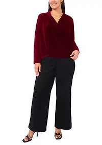 Plus Long Sleeve Wrap Front Velvet Blouse