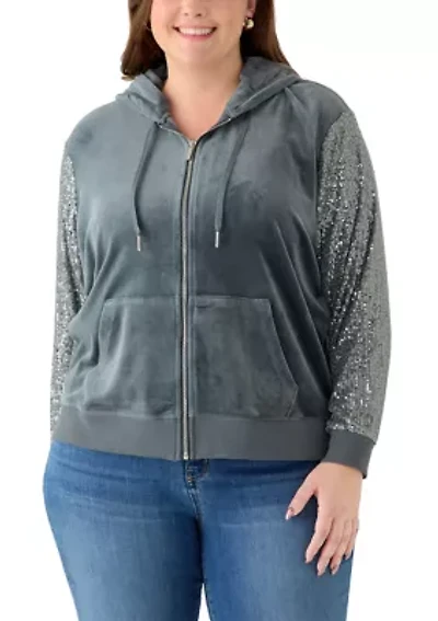 Plus Zip Front Hoodie with Sequin Sleeves