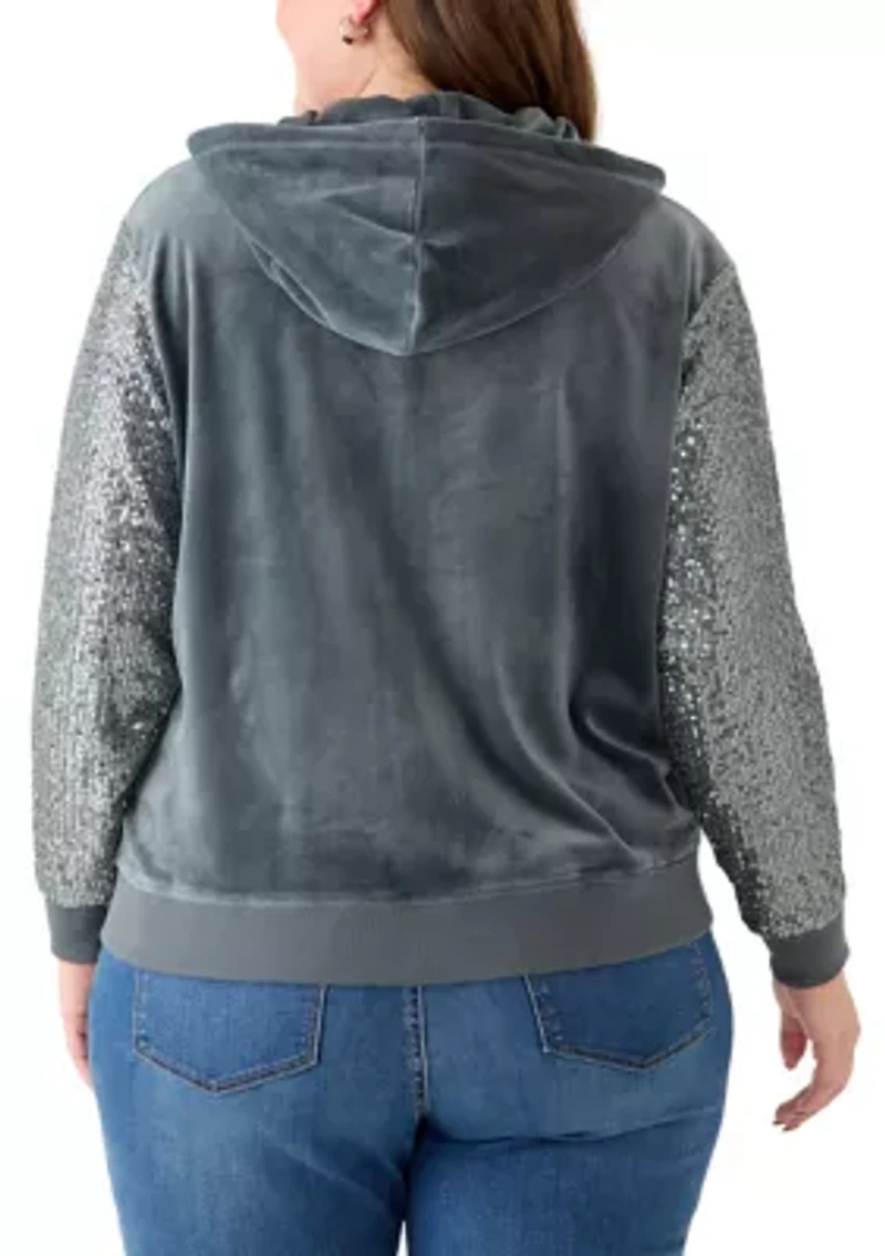 Plus Zip Front Hoodie with Sequin Sleeves