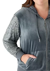 Plus Zip Front Hoodie with Sequin Sleeves