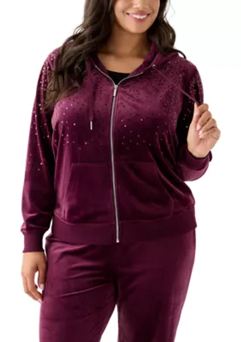 Plus Velour Zip Front Hoodie with Rhinestones
