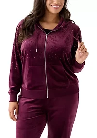 Plus Velour Zip Front Hoodie with Rhinestones