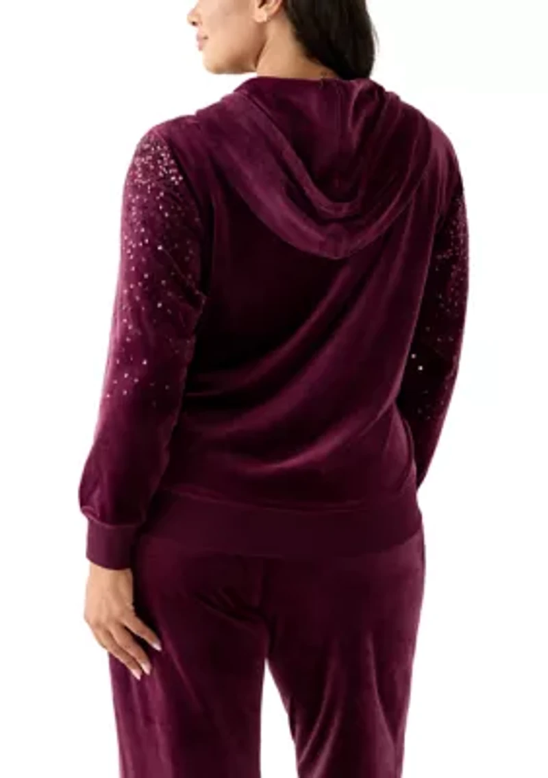 Plus Velour Zip Front Hoodie with Rhinestones