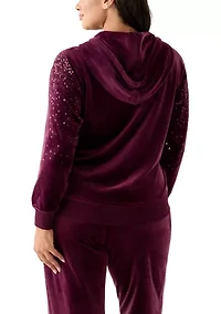 Plus Velour Zip Front Hoodie with Rhinestones