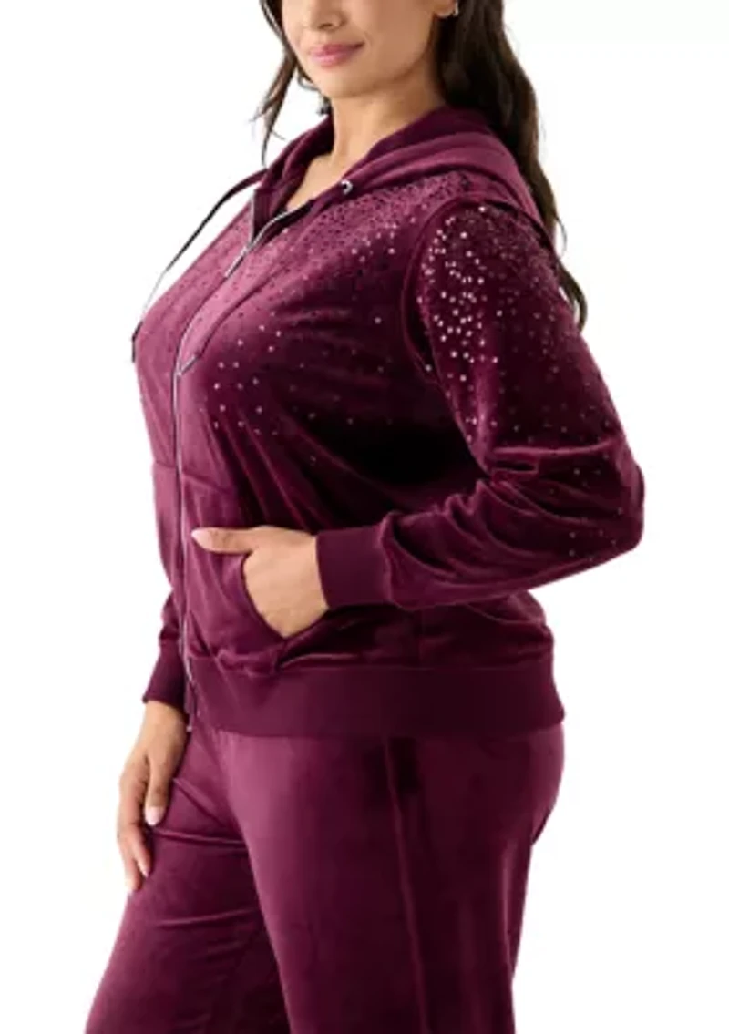Plus Velour Zip Front Hoodie with Rhinestones