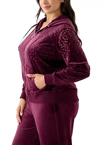 Plus Velour Zip Front Hoodie with Rhinestones