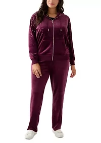 Plus Velour Zip Front Hoodie with Rhinestones