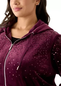 Plus Velour Zip Front Hoodie with Rhinestones