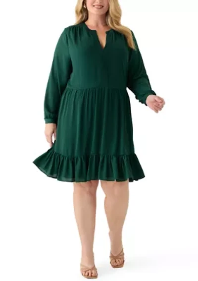 Plus Long Sleeve Split Neck Baby Doll Dress