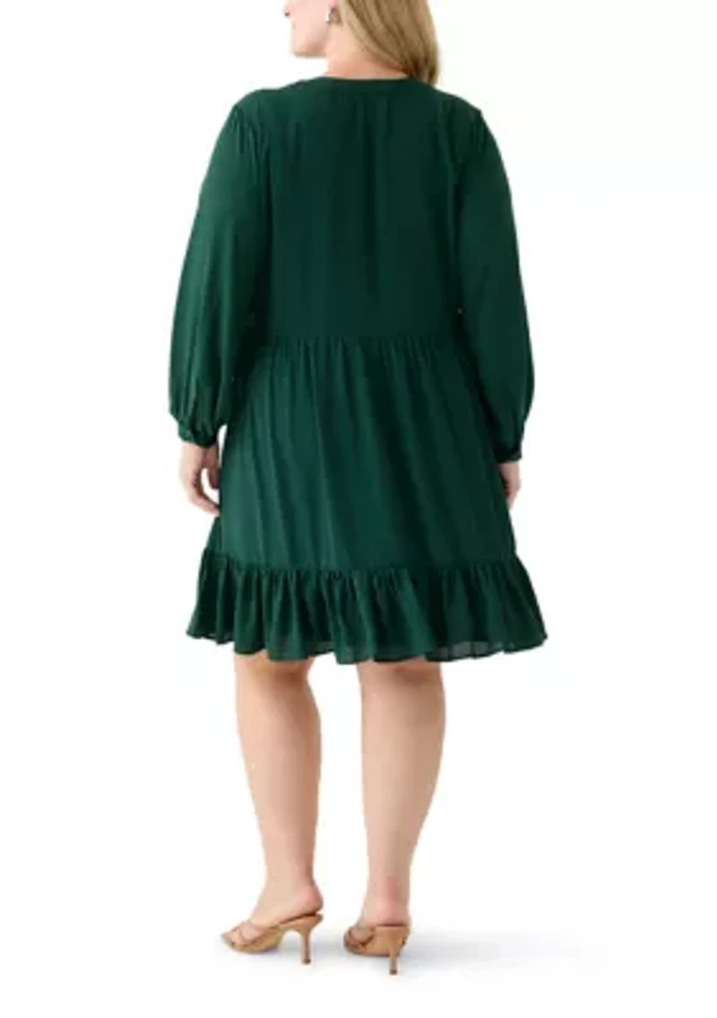 Plus Long Sleeve Split Neck Baby Doll Dress