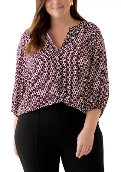 Plus 3/4 Sleeve V-Neck Button Front Blouse