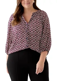 Plus 3/4 Sleeve V-Neck Button Front Blouse