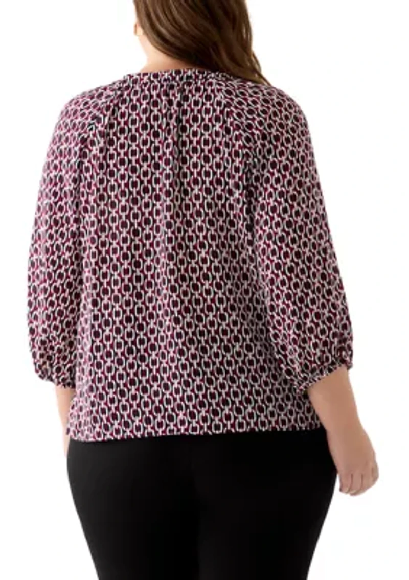Plus 3/4 Sleeve V-Neck Button Front Blouse