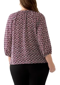 Plus 3/4 Sleeve V-Neck Button Front Blouse