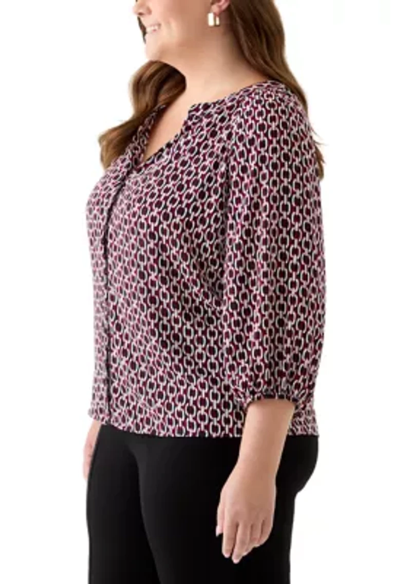 Plus 3/4 Sleeve V-Neck Button Front Blouse