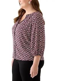 Plus 3/4 Sleeve V-Neck Button Front Blouse