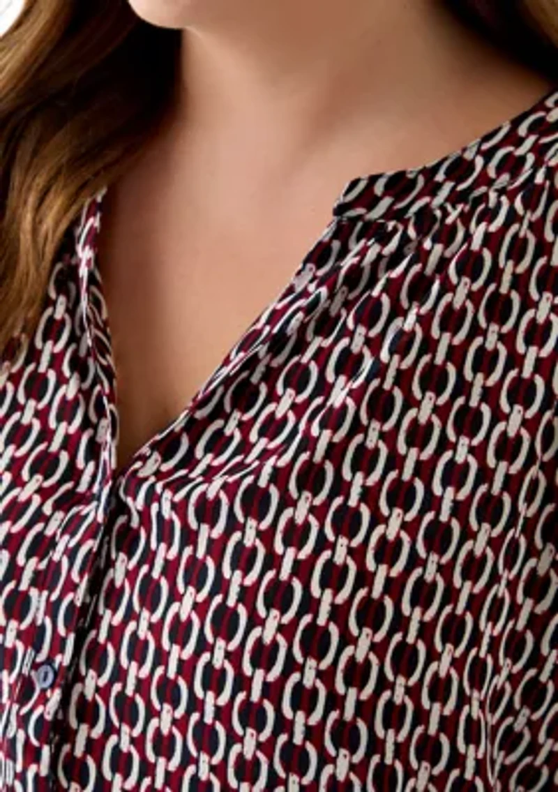 Plus 3/4 Sleeve V-Neck Button Front Blouse