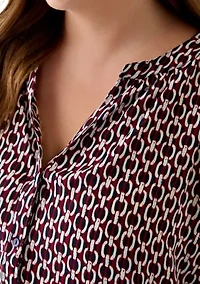 Plus 3/4 Sleeve V-Neck Button Front Blouse