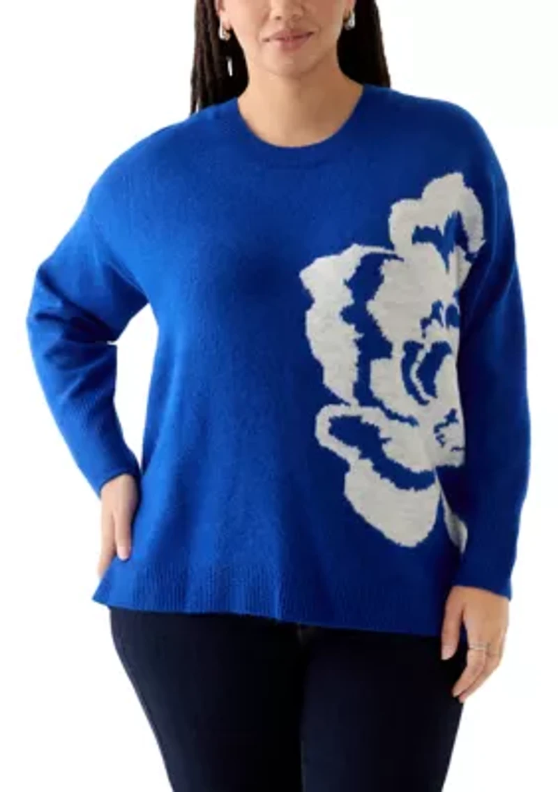 Plus Long Sleeve Crew Neck Flower Sweater