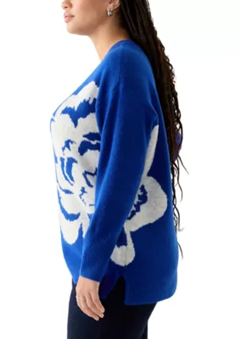 Plus Long Sleeve Crew Neck Flower Sweater