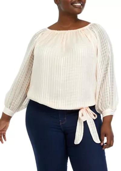 Plus Long Sleeve Blouse with Tie Detail
