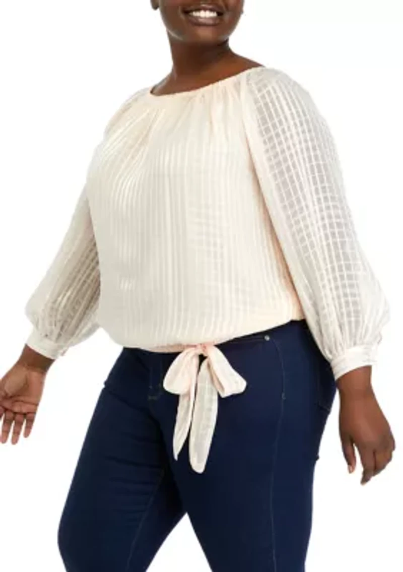 Plus Long Sleeve Blouse with Tie Detail