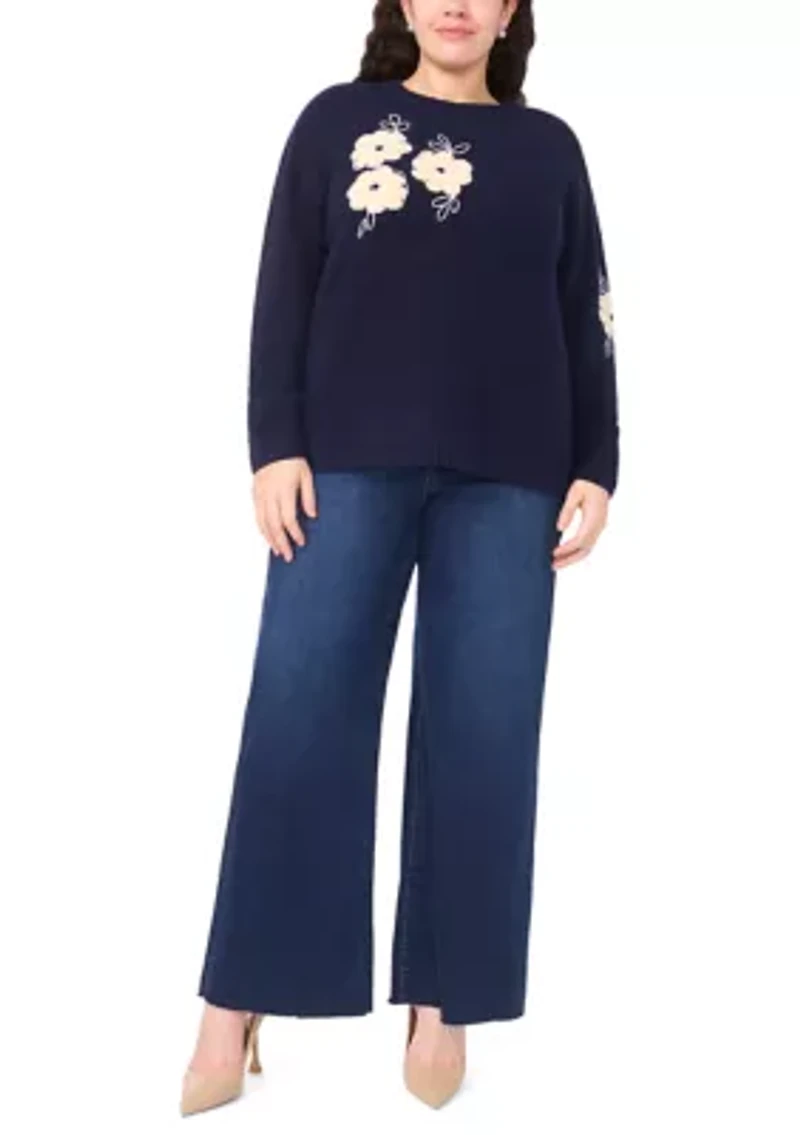 Plus Long Sleeve Stitch Detail Floral Sweater