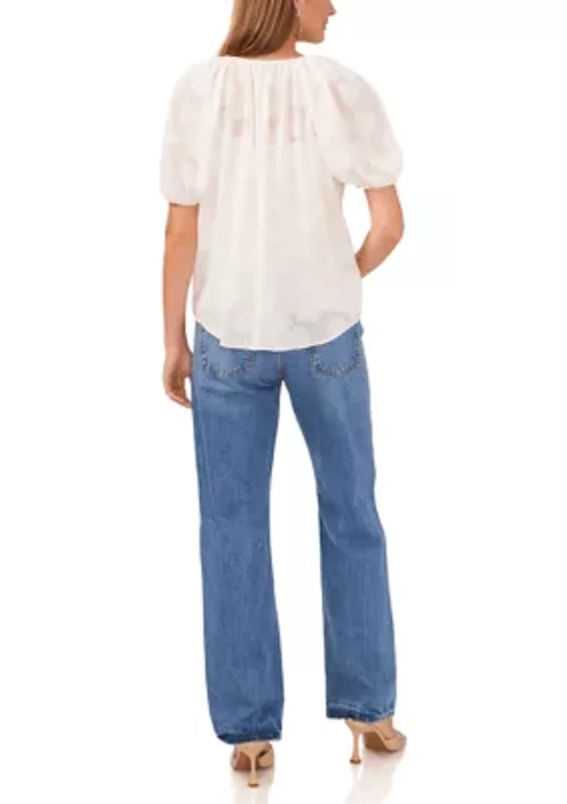 Petite Shirred V-Neck Blouse with Balloon Sleeves