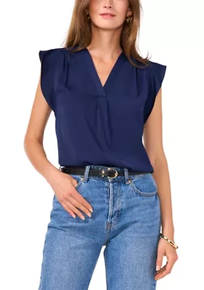 Petite V-Neck Flutter Sleeve Blouse