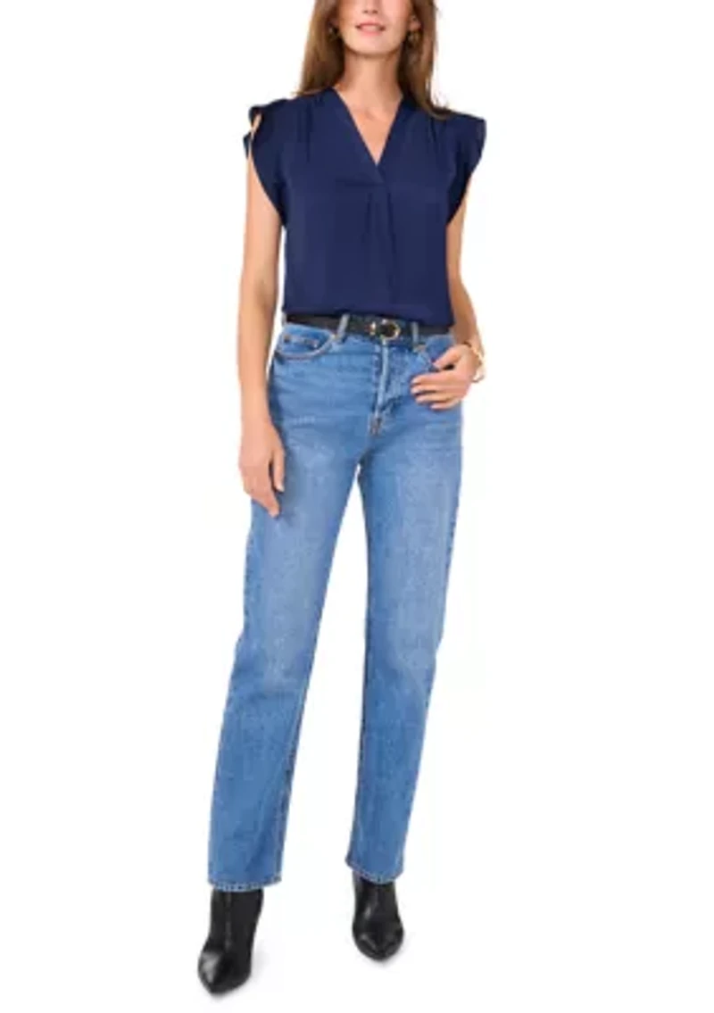 Petite V-Neck Flutter Sleeve Blouse