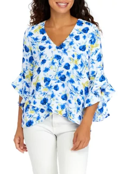Petite V-Neck Blouse with Double Layer Hem