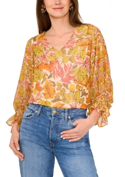 Petite V-Neck Puff Sleeve Blouse