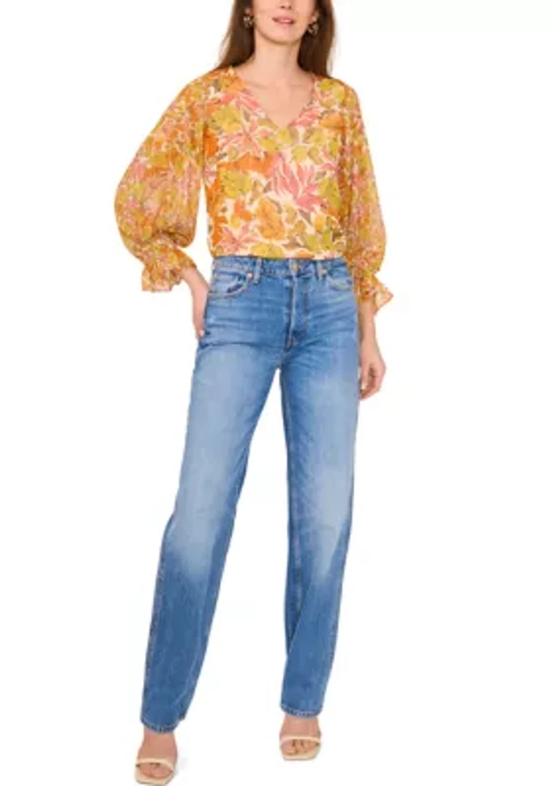 Petite V-Neck Puff Sleeve Blouse