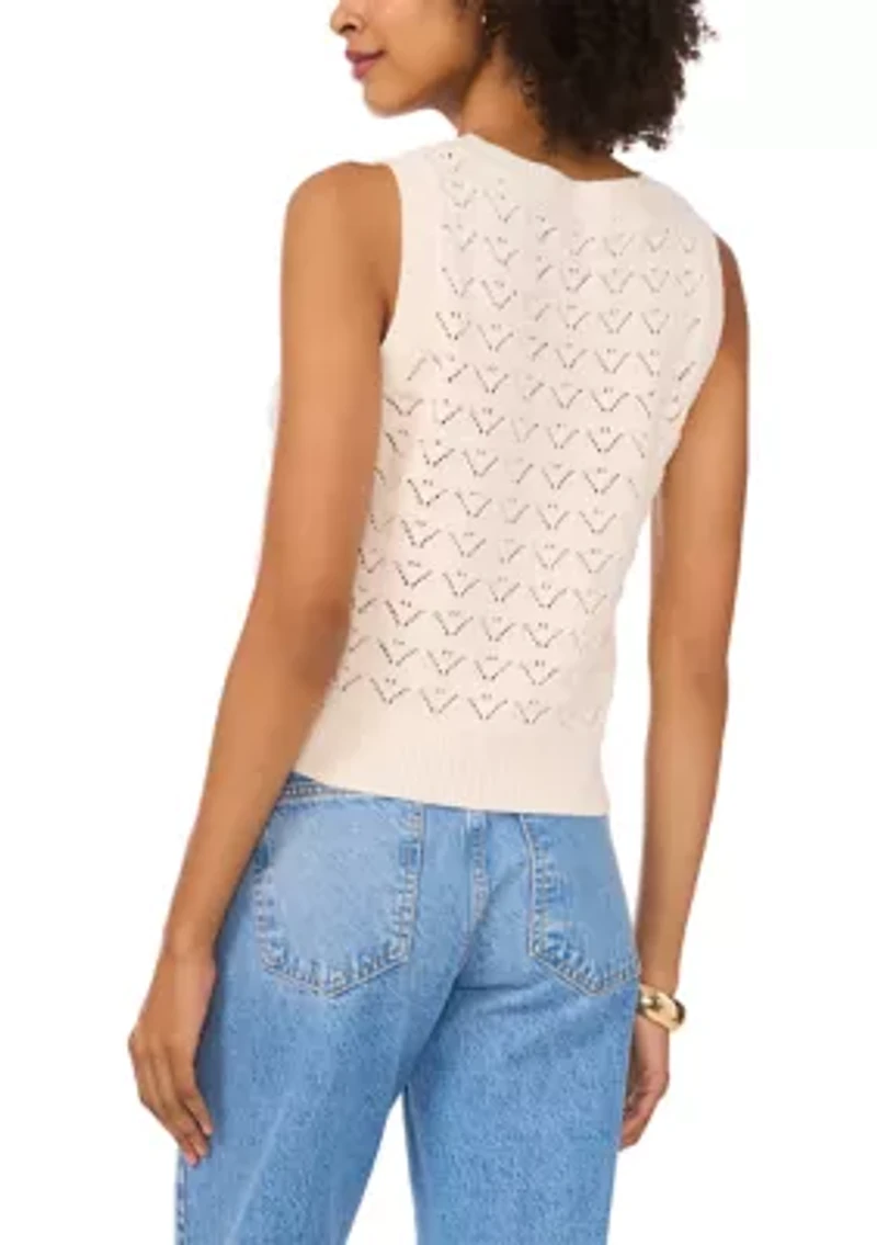 Petite Women's Sleeveless Pointelle Crew Neck Sweater