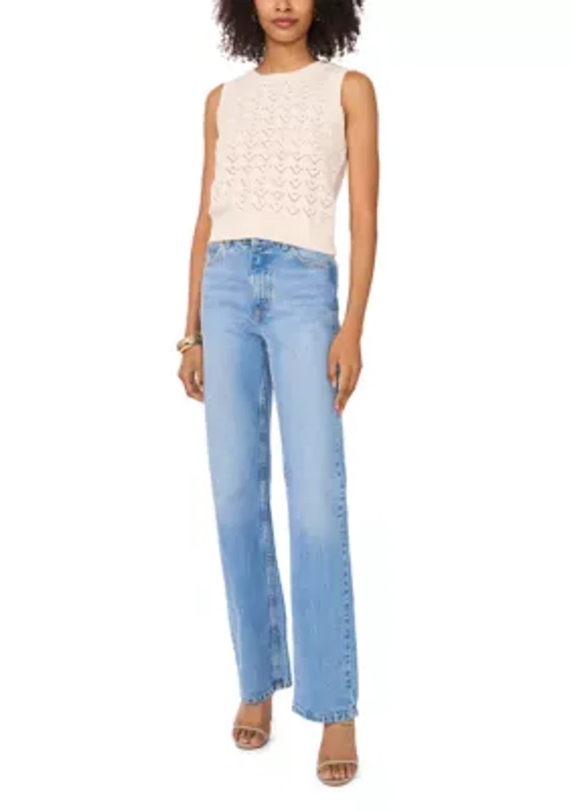 Petite Women's Sleeveless Pointelle Crew Neck Sweater